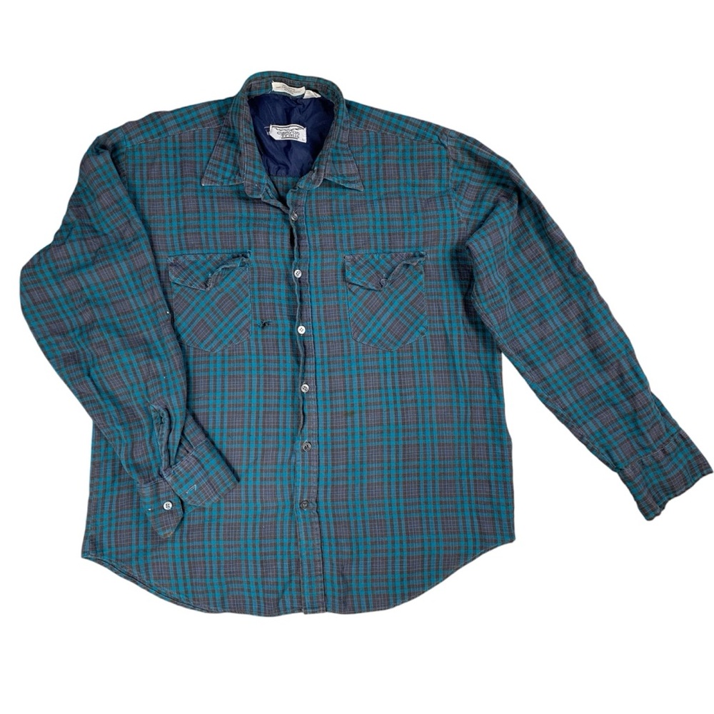 VTG Canyon Trails Plaid Flannel Shirt Button Rockabilly Green Blue Men’s Large
